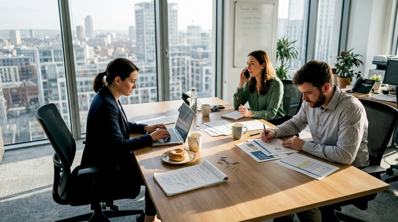 Marketing team collaborating in bright office