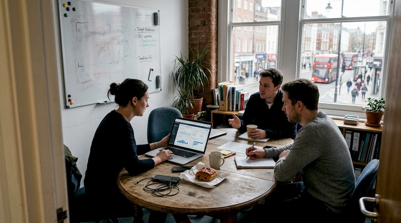 Digital agency team meeting with laptops and notes