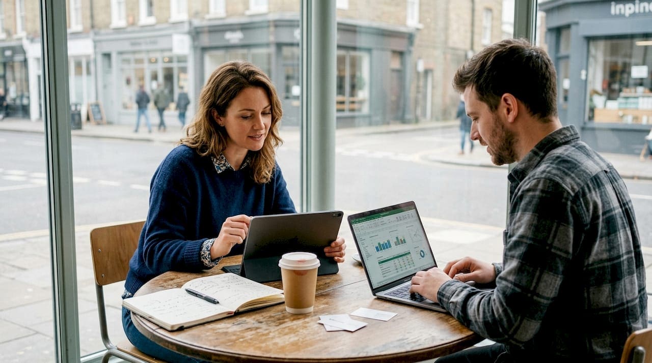 Business owners reviewing digital marketing strategy