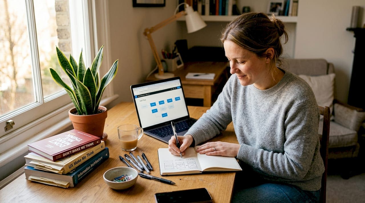 Designer sketching website user flows at desk