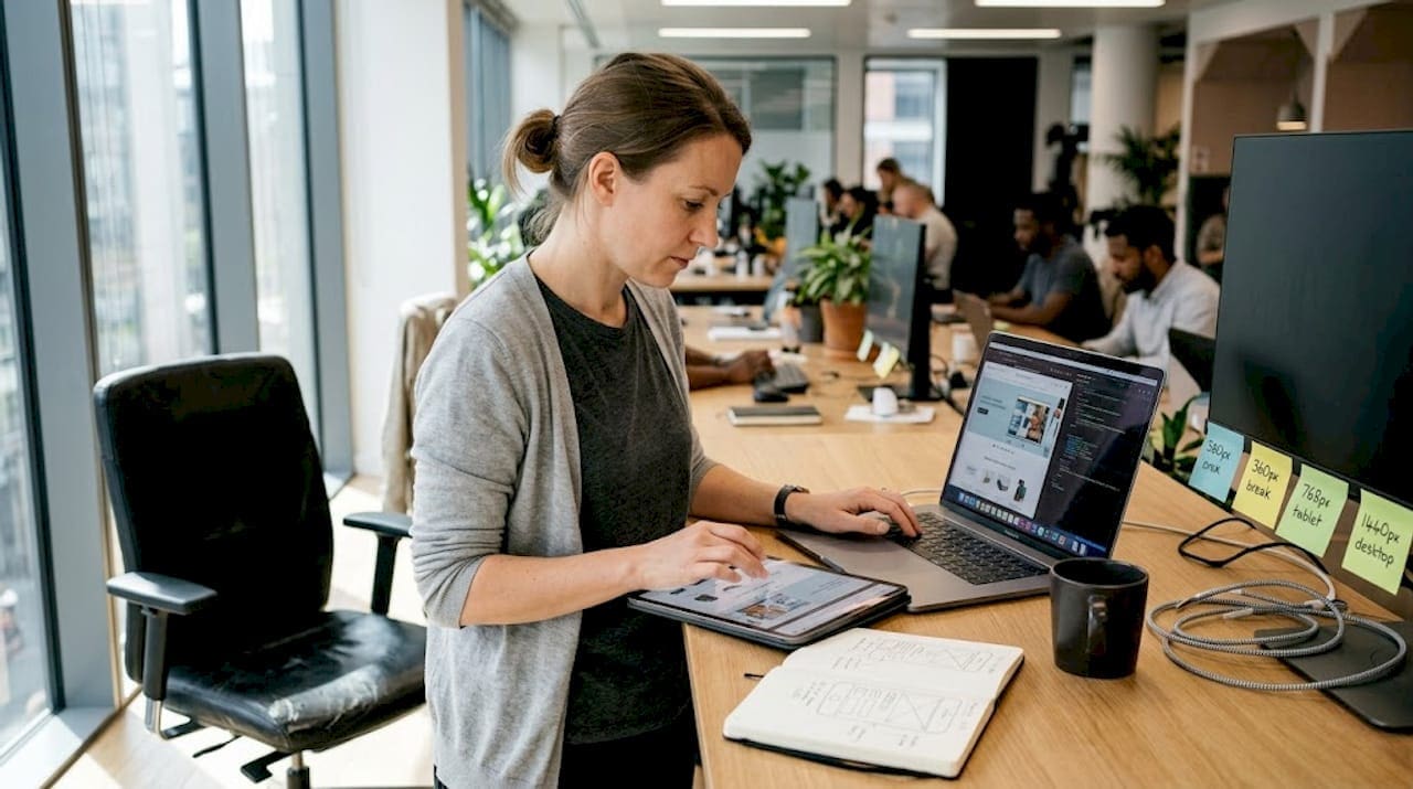 Designer tests responsive website on tablet and laptop