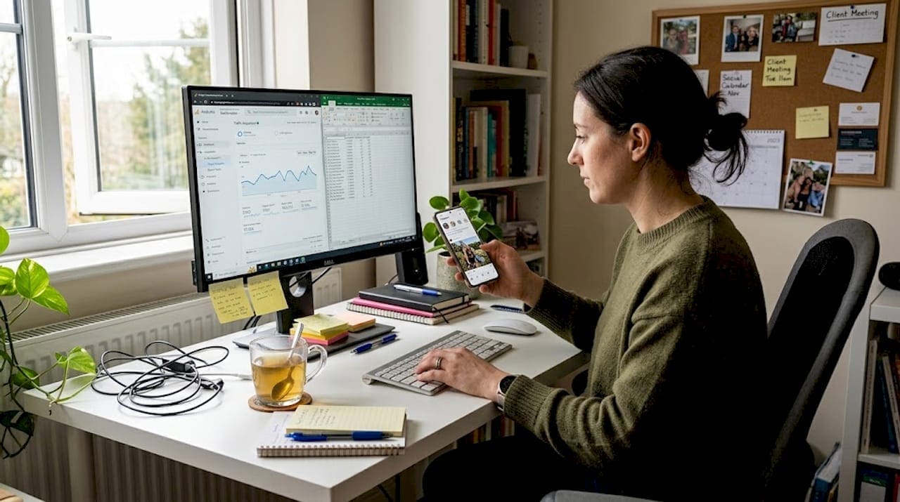 Small business owner working on SEO and social media