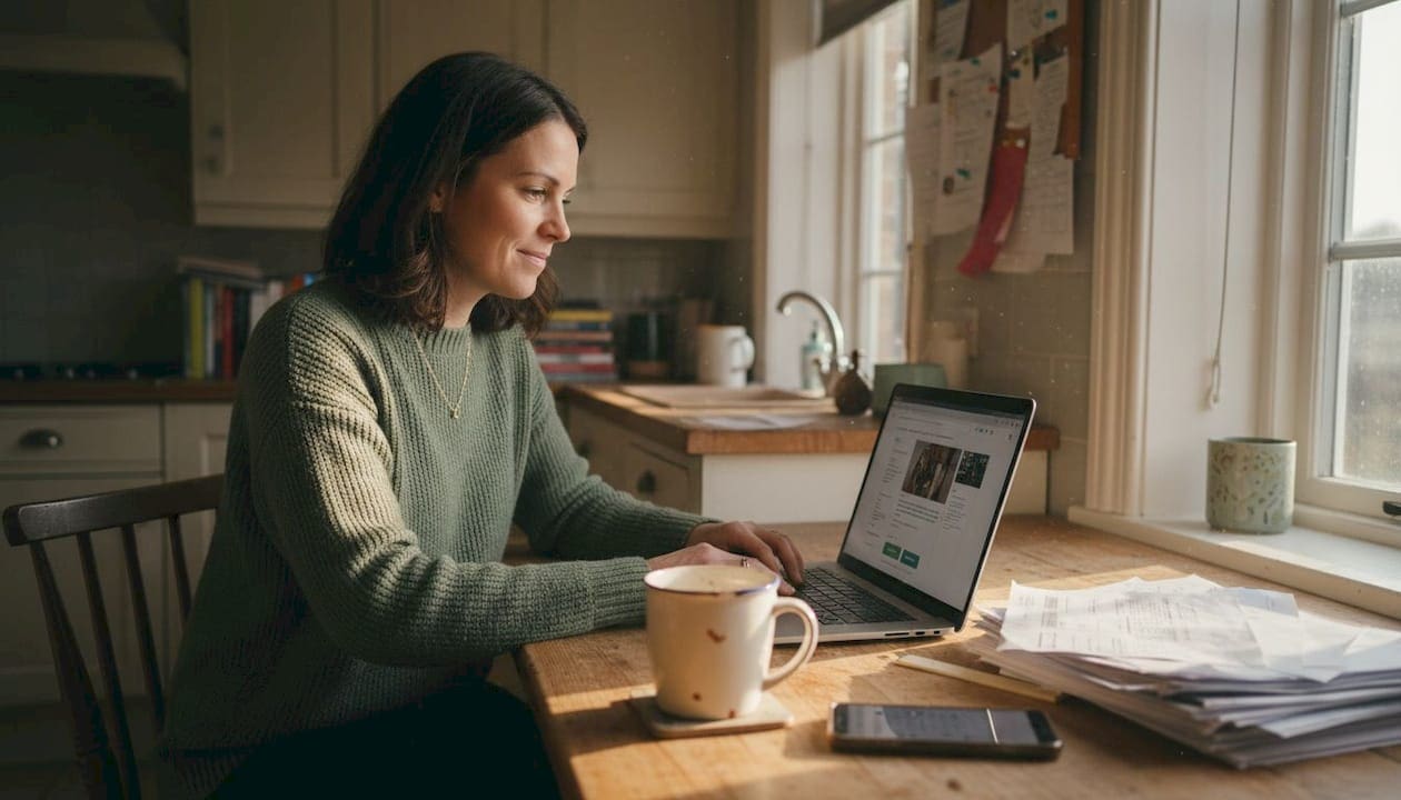 Small business owner updates website at kitchen table