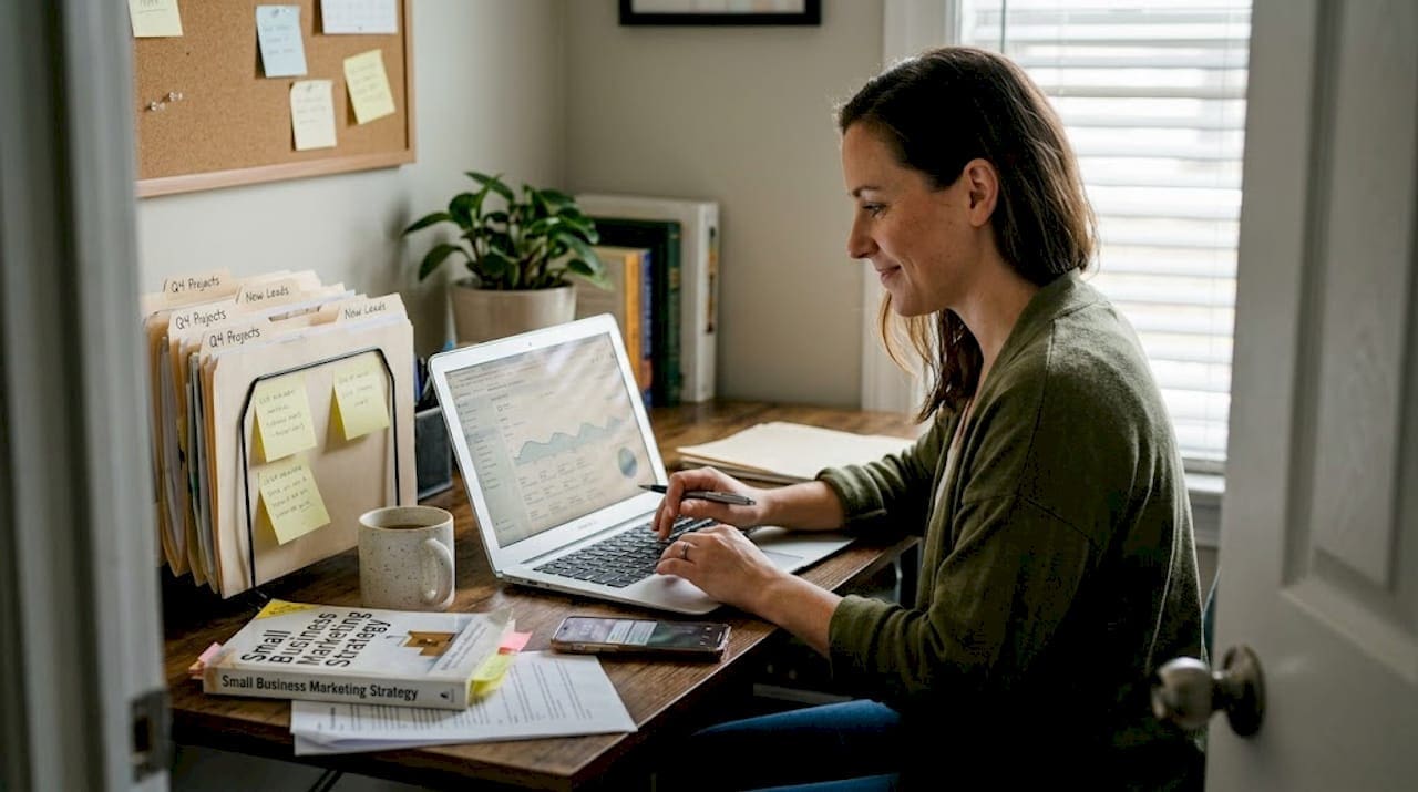 Business owner reviews website traffic analytics