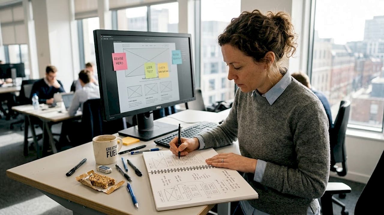 Designer sketching business website layout