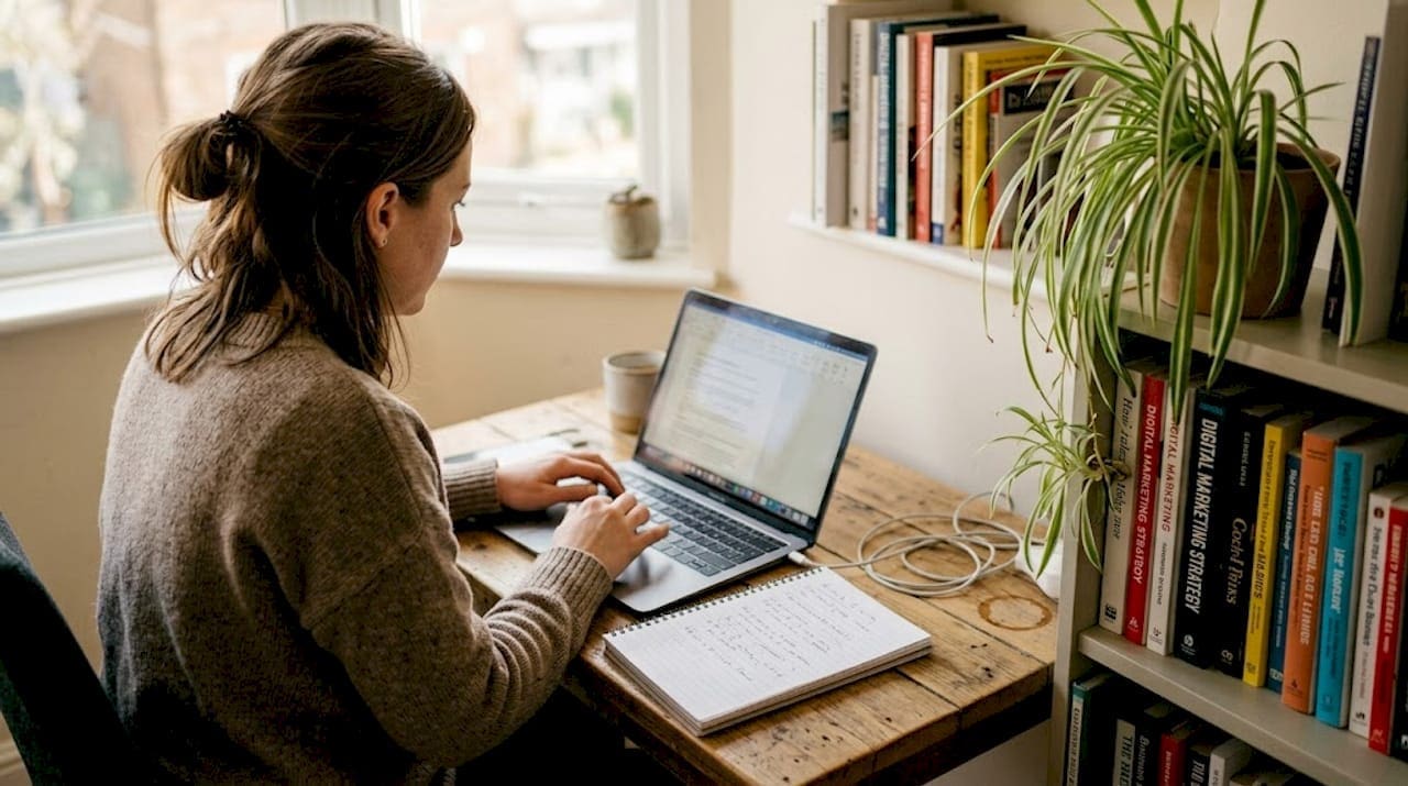 Woman planning digital marketing business at desk