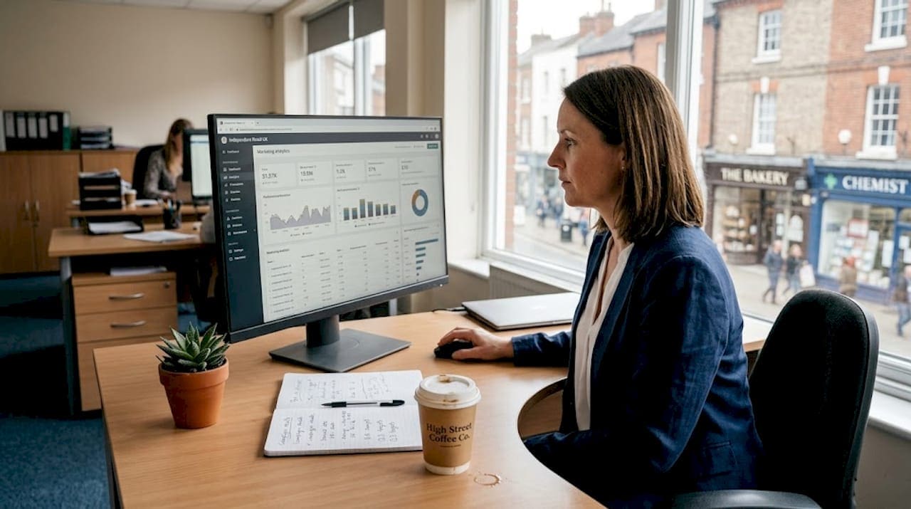 Businesswoman studies digital marketing data at desk