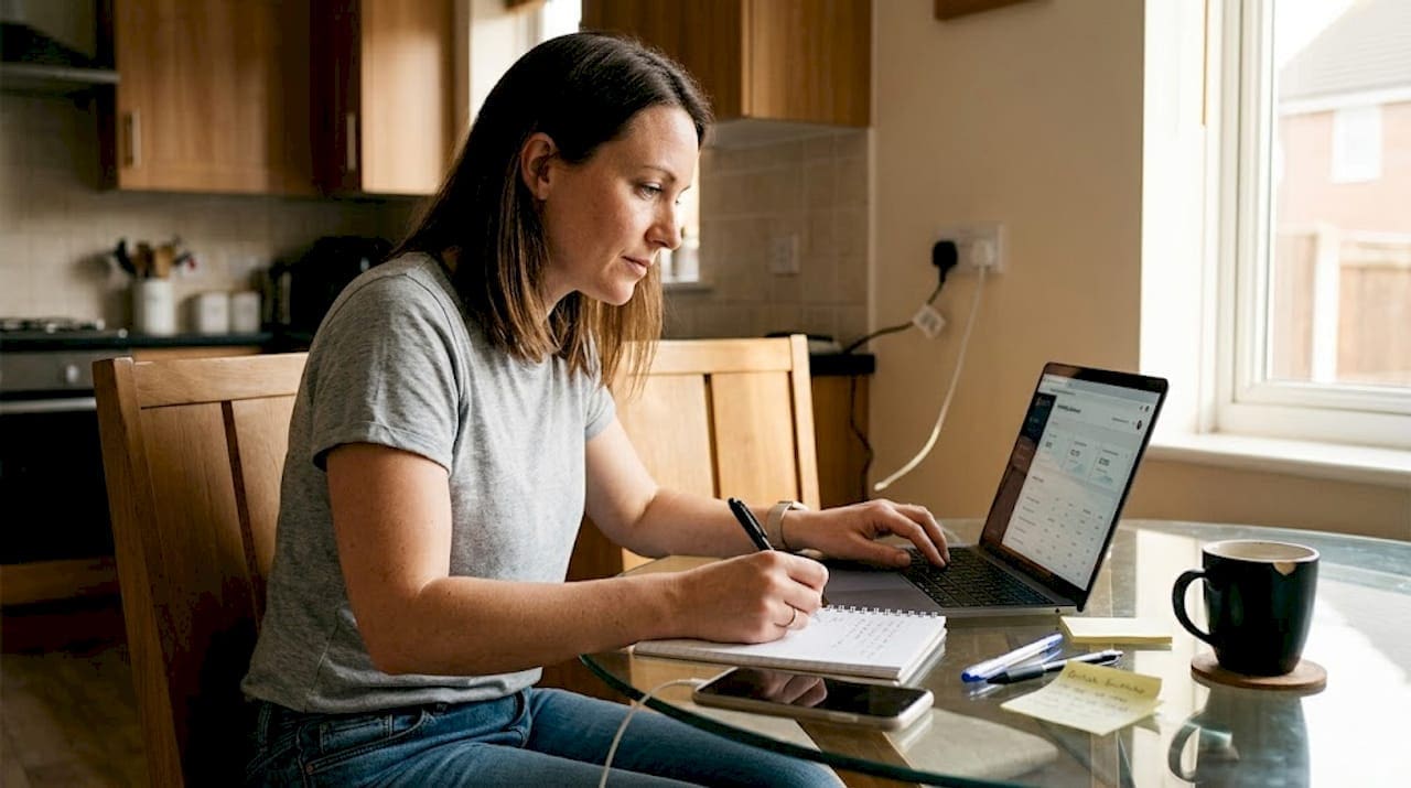 Small business owner working on laptop at kitchen table
