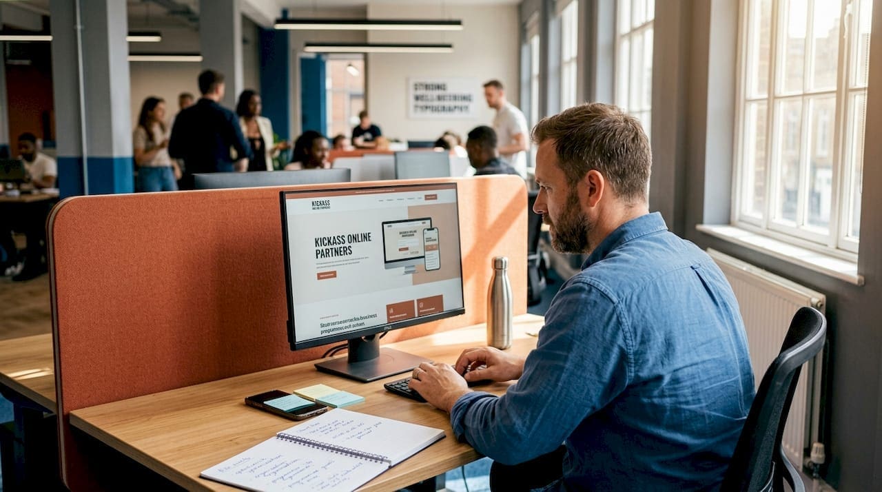 Business owner designing website at office desk