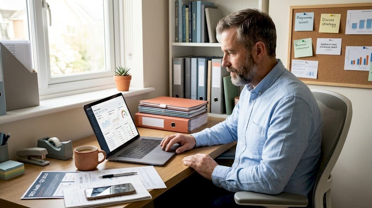 UK SME owner reviewing digital marketing stats