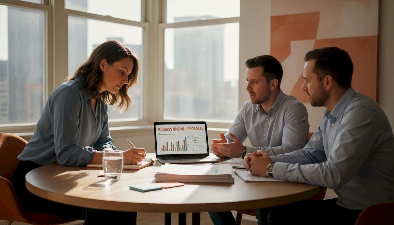 Business owner meeting agency in bright office
