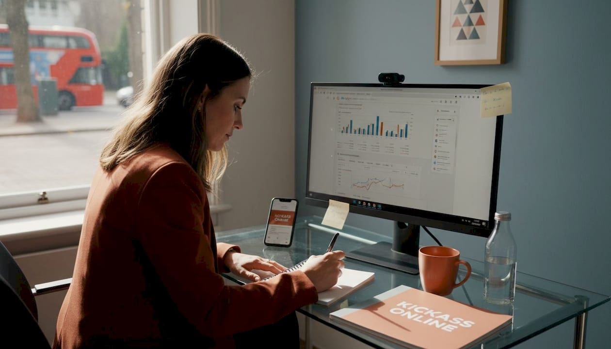Professional reviews SEO dashboard in sunlit office