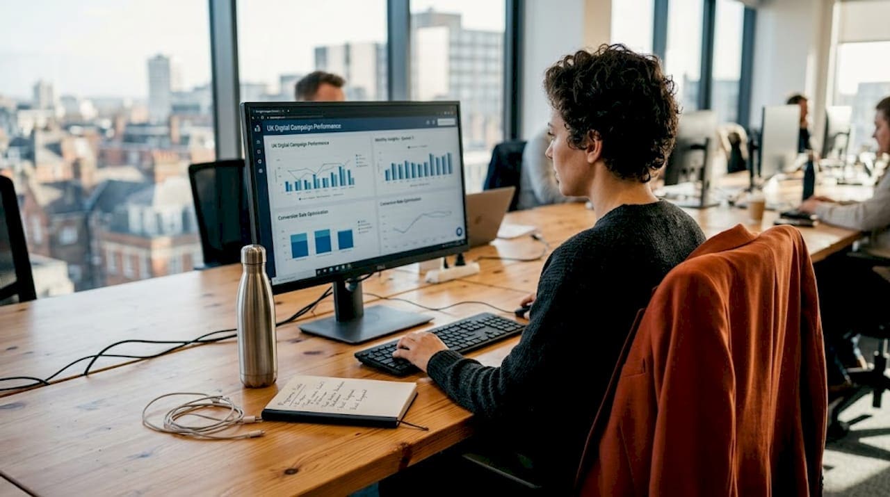 Strategist reviewing analytics in agency workspace