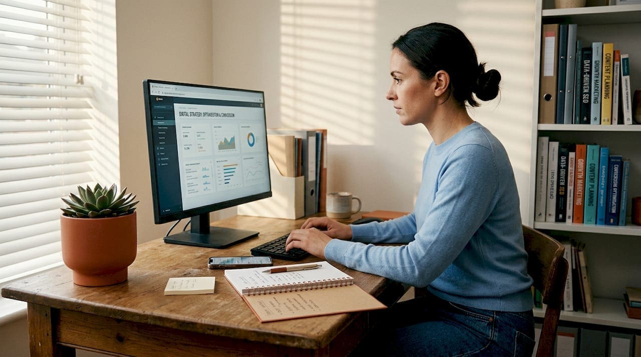 Woman researching digital marketing at home desk