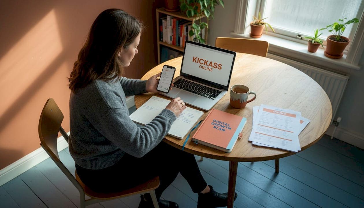 Small business owner at multitasking workspace